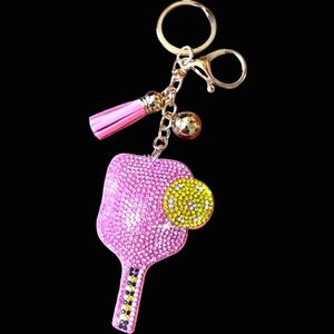 Pickleball Paddle & Ball Bling Keychain Tassel Rhinestone Accessories Gift -Pink